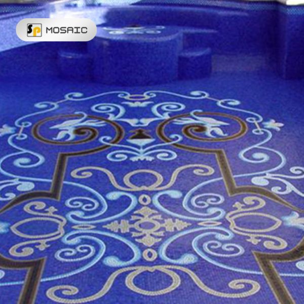 Blue Swimming Pool Project Customized Blue Tone Handmade Glass Mural Mosaic Art Tiles With Flower Pattern