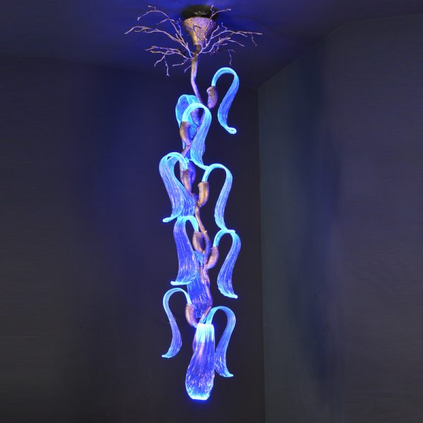 Contemporary large Glass Blue maple leaf copper lighting luxury long pendant lamp staircase G9 chandelier villa design