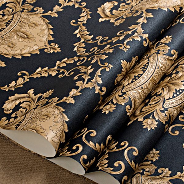 High Grade Black Gold Luxury Embossed Texture Metallic 3D Damask Wallpaper Roll Vinyl PVC Wall Paper