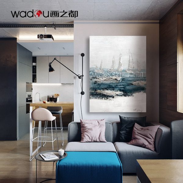Home decoration fine artwork wholesale abstract posters seaboat handpainted wall hand canvas painting sea for kitchen