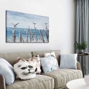 Abstract Handmade Sea Ocean Birds Wooden Wall Canvas Sea Oil Painting Artwork for Home Office Living Room Decor