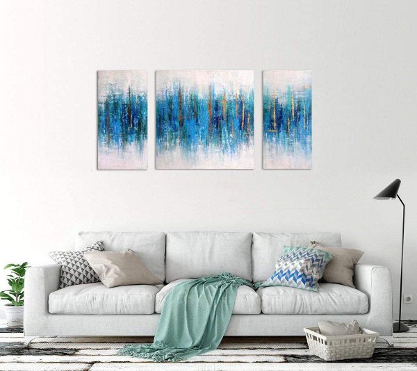 Handmade Blue Oil Painting Golden Line Abstract Seascape Contemporary Canvas Palette Knife Wall Art