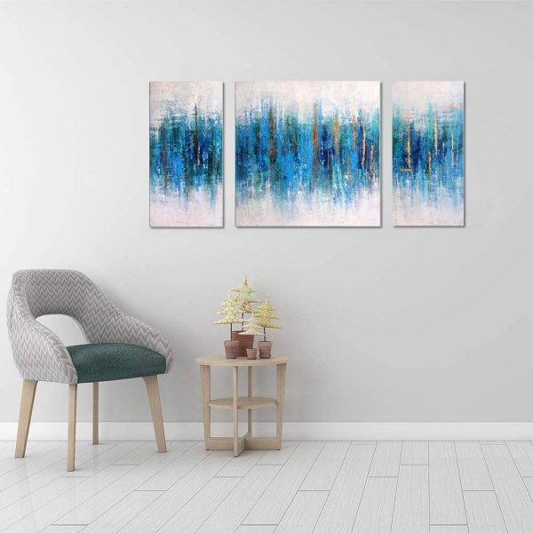 Handmade Blue Oil Painting Golden Line Abstract Seascape Contemporary Canvas Palette Knife Wall Art