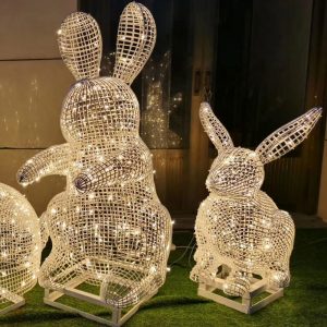 Outdoor garden art decoration metal crafts stainless steel rabbit sculpture with led lights