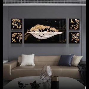 Luxury resin 3d art wall painting handmade black gold home decoration 5pieces home decor crystal painting with metal frame